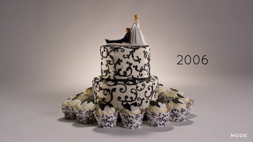 2006 wedding cake with cupcakes