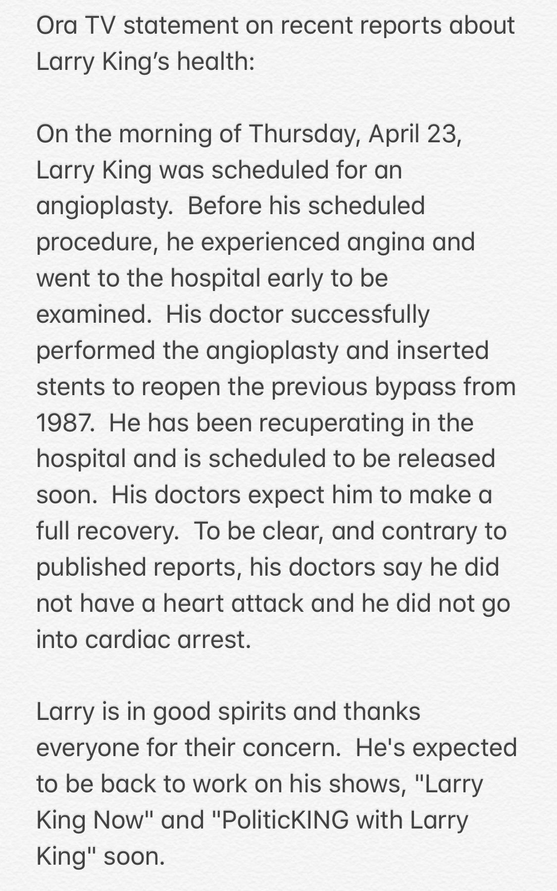 larry king health statement 