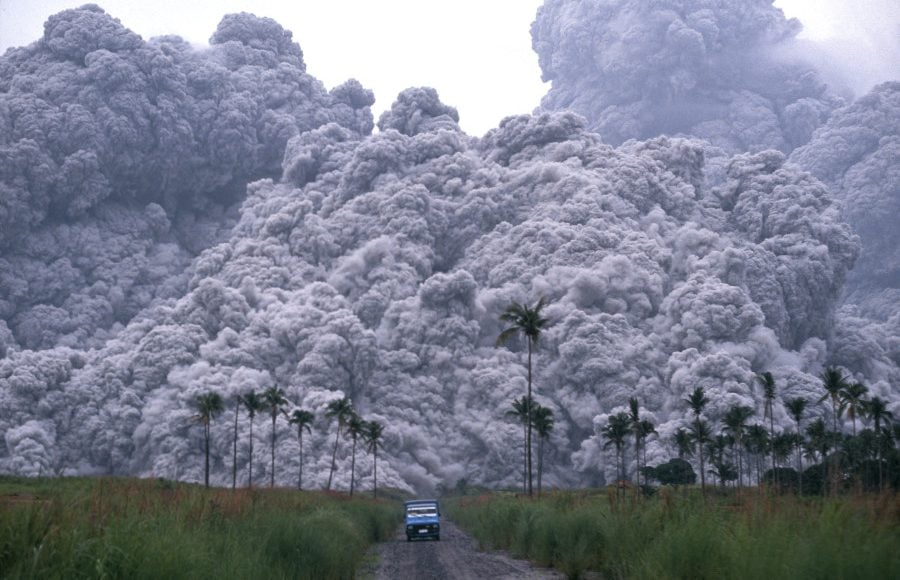 driving away from volcano eruption