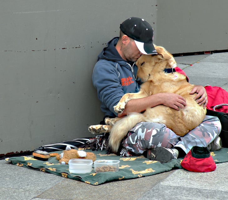 homeless man helps stray dog