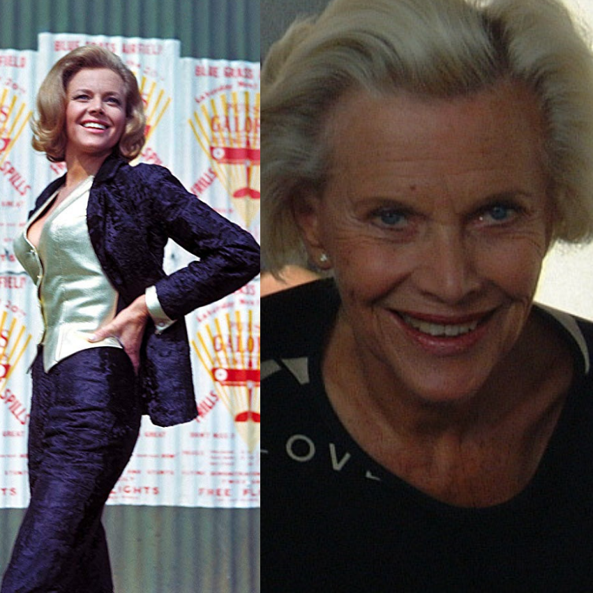 Honor Blackman as Pussy Galore in Goldfinger pictured next to recent photo.