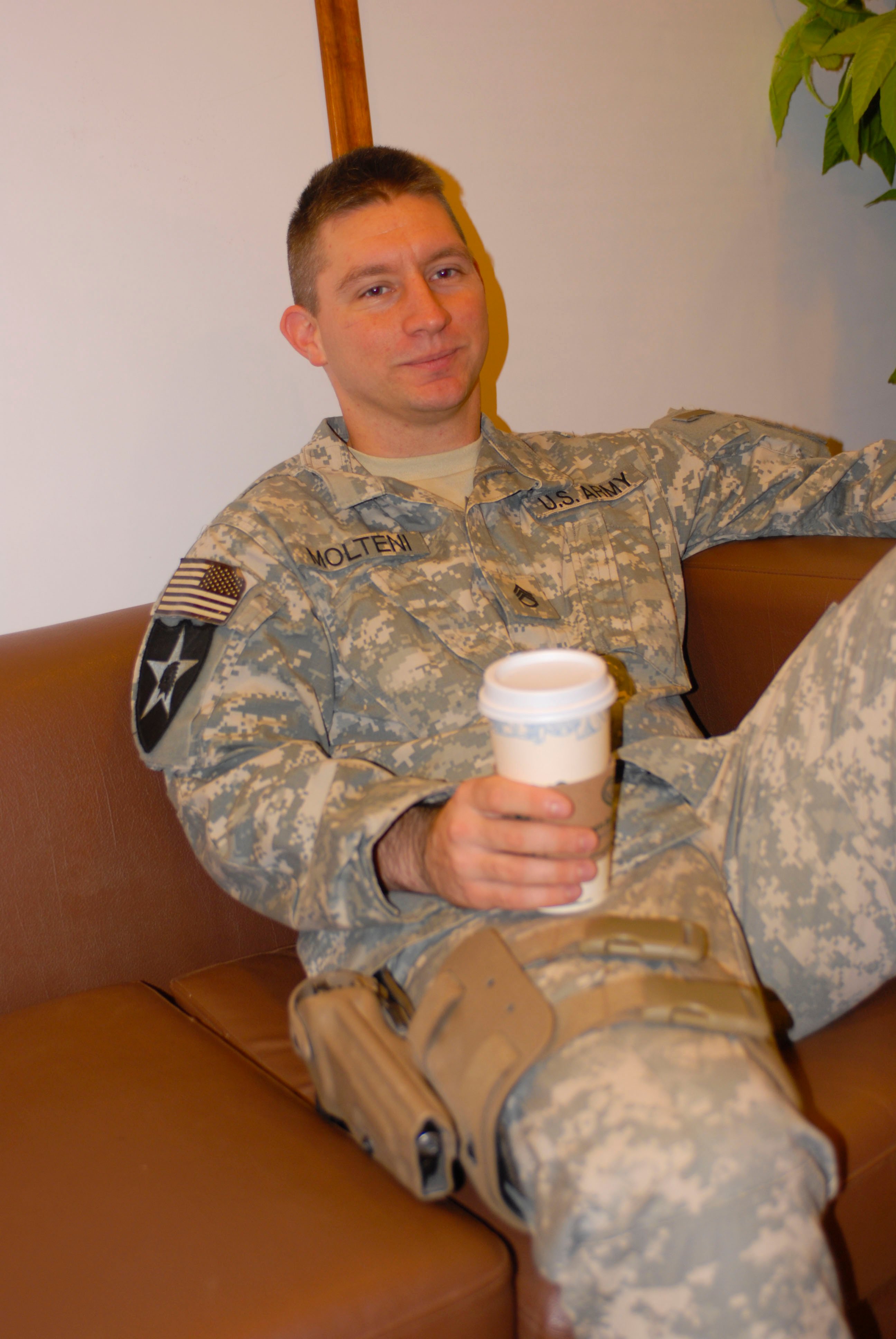 soldier drinking coffee