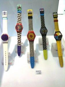 Swatch watches look simple and others have bold patterns