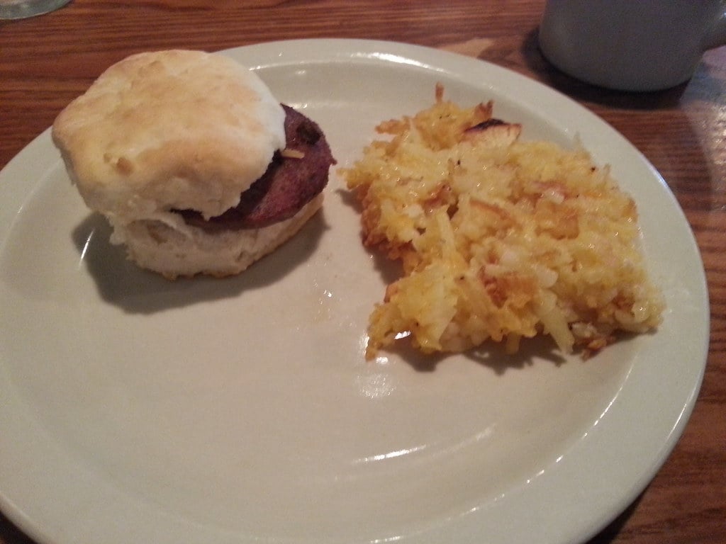 hashbrown casserole and sausage biscuit at cracker barrel 