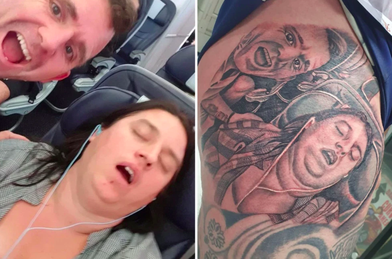 husband gets tattoo of wife snoring