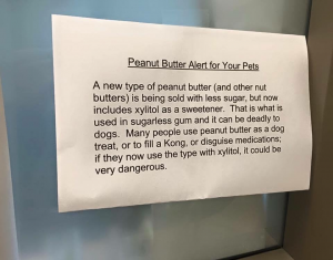The warning specifically mentions xylitol, which causes a severe drop in blood sugar levels for dogs
