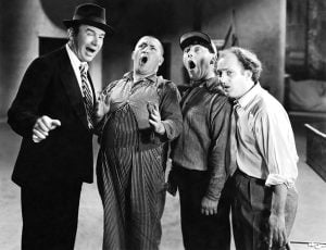Many skits involved Healy trying to tell jokes and sing, but his three stooge assistants, Larry, Moe, and Curly, interrupted the routine