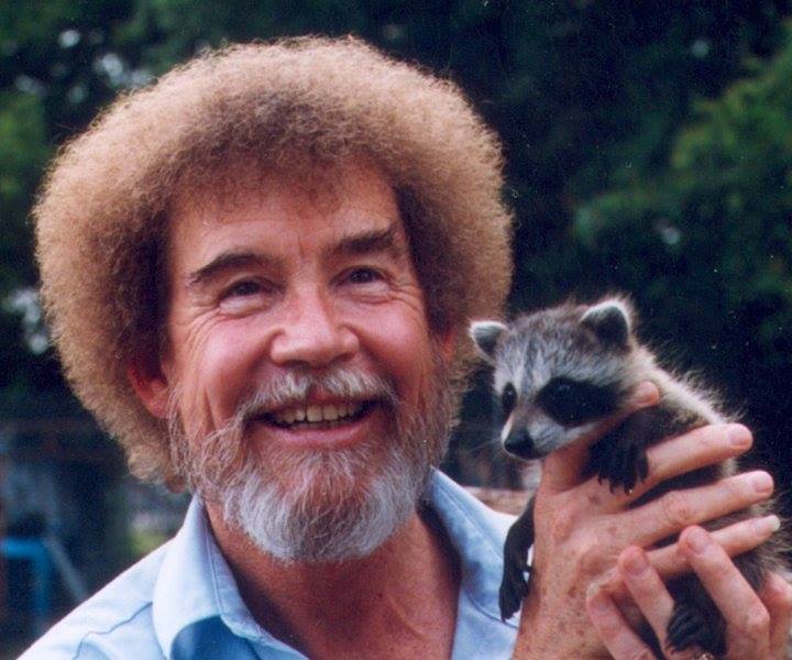 bob ross holding a raccoon 
