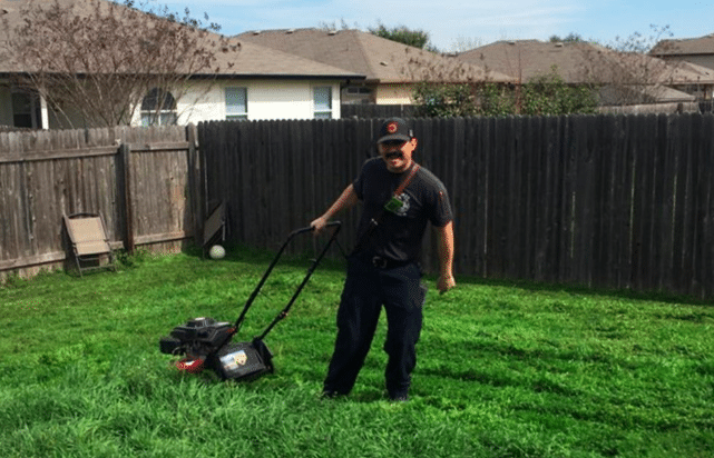 firefighters help man bryan palmer mow his lawn