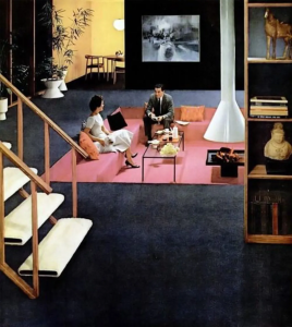 Conversation pits sat in an open room usually with a small bit of stairs to get to the sunken sitting area