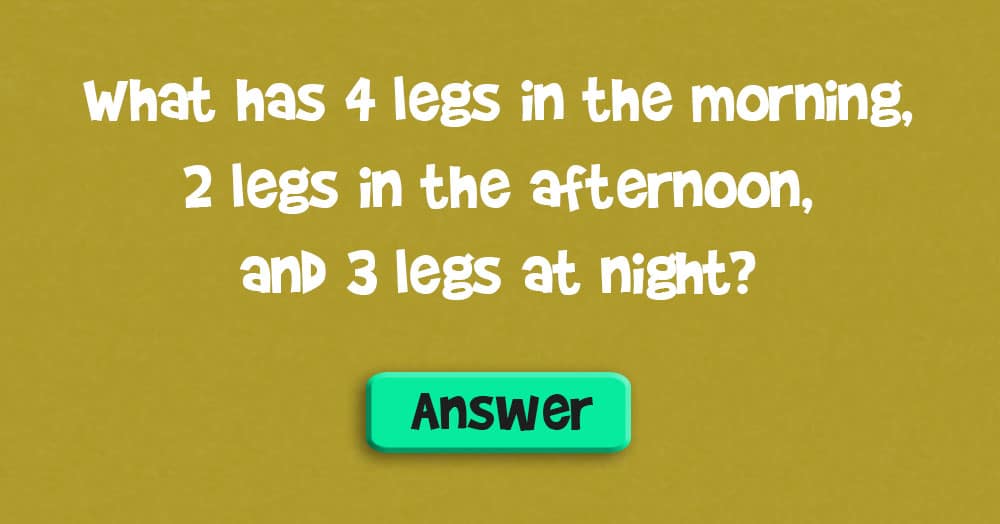 What has 4 Legs in the Morning, 2 Legs in the Afternoon, & 3 Legs at Night?