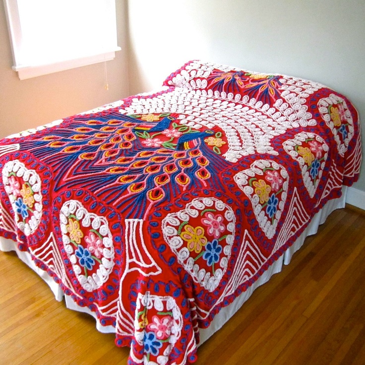 Vintage Prized Cozy & Colorful Chenille Peacock Bedspreads