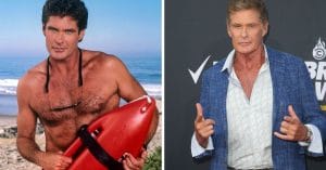 David Hasselhoff with the cast of Baywatch and today