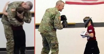 boy spars with deployed dad
