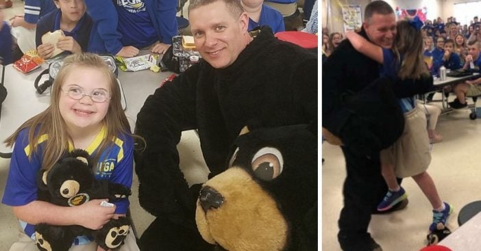 military dad surprises daughter as school mascot