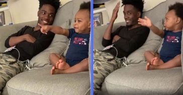 father and infant son have a conversation about tv show finale