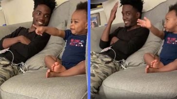 father and infant son have a conversation about tv show finale