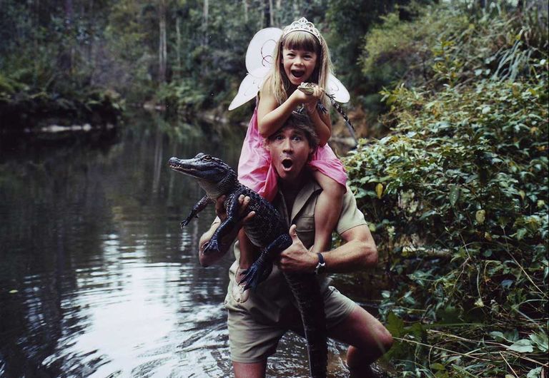 Steve and Bindi Irwin catching a crocodile