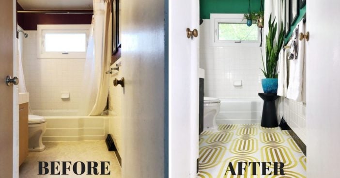 Before and after photos of a bathroom remodel for less than 300 dollars