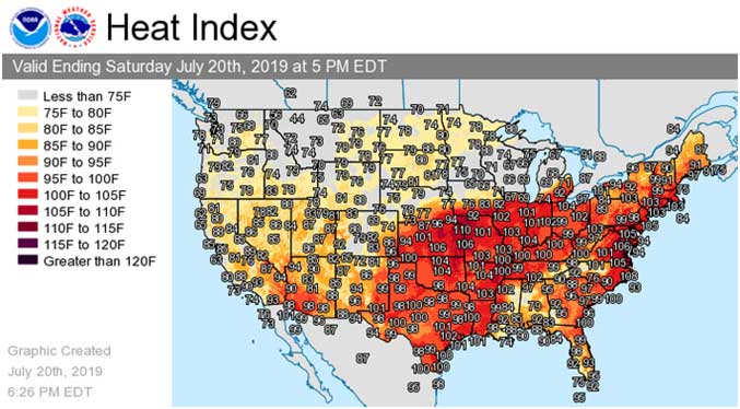 2019 heatwave chart for US