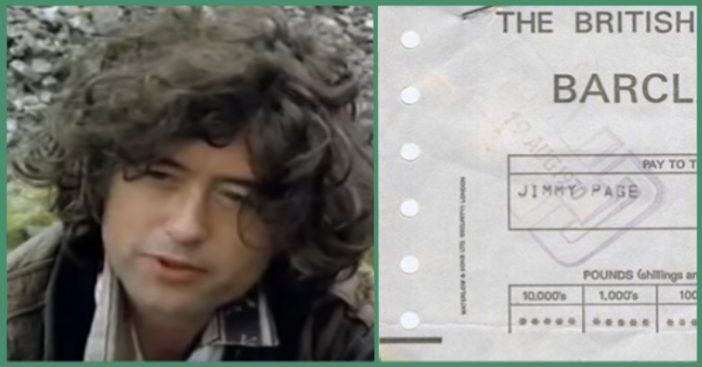 Jimmy Page next to a recent early paycheck he released.