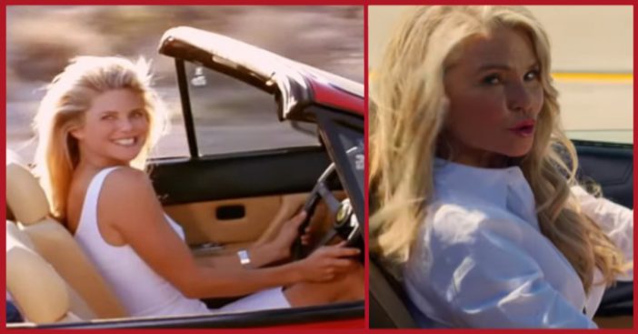 Christie Brinkley driving the iconic red ferrari.