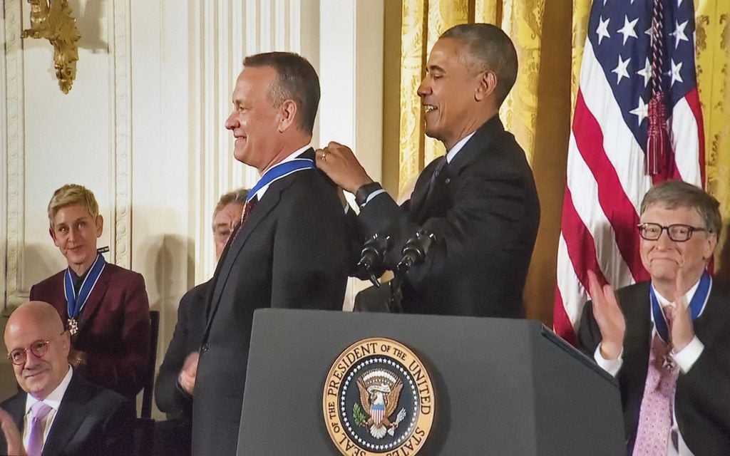 Tom Hanks being awarded the Medal of Freedom by President Obama.