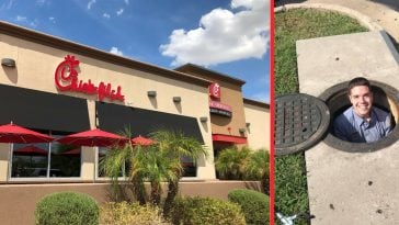 Chick fil A employee retrieves customers phone from a storm drain