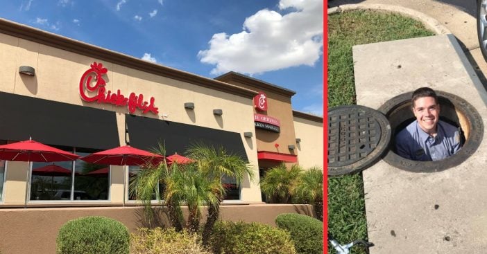 Chick fil A employee retrieves customers phone from a storm drain