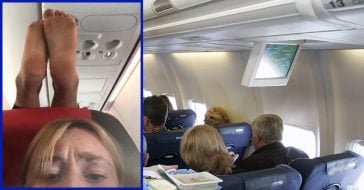 Plane Passenger Perches Bare Feet On Headrest Of Person In Front Of Her — The Photo Evidence Is Hilarious (1)