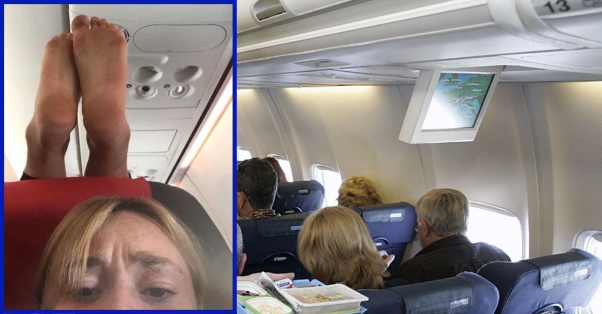 Plane Passenger Perches Bare Feet On Headrest Of Person In Front Of Her — The Photo Evidence Is Hilarious (1)