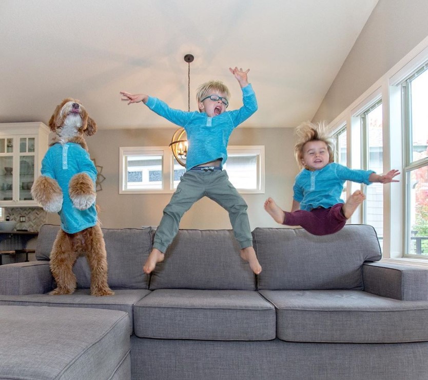 kids and dog jumping on the couch 