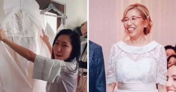 Brides mother wears a white wedding dress to her wedding