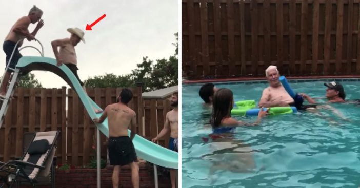 94-year-old grandpa flies down waterslide