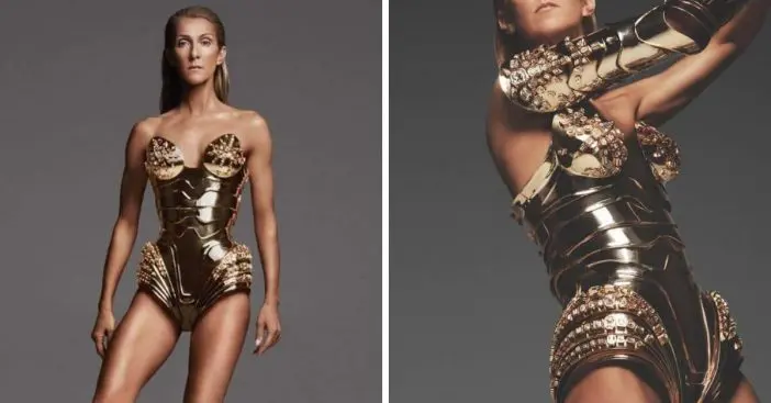 Celine Dion looks incredible in a vintage gold bodysuit