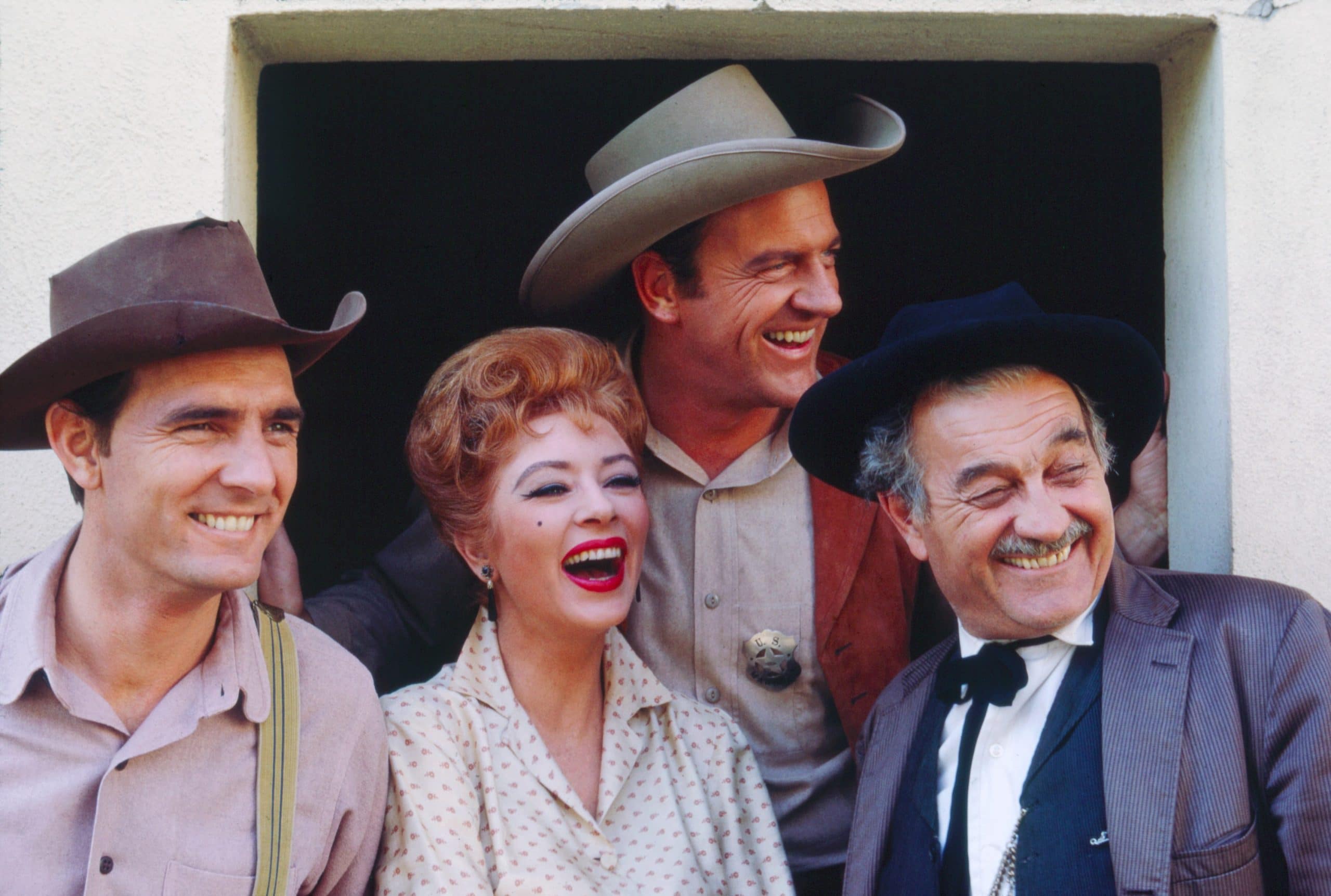 GUNSMOKE, from left: Dennis Weaver, Amanda Blake, James Arness, Milburn Stone