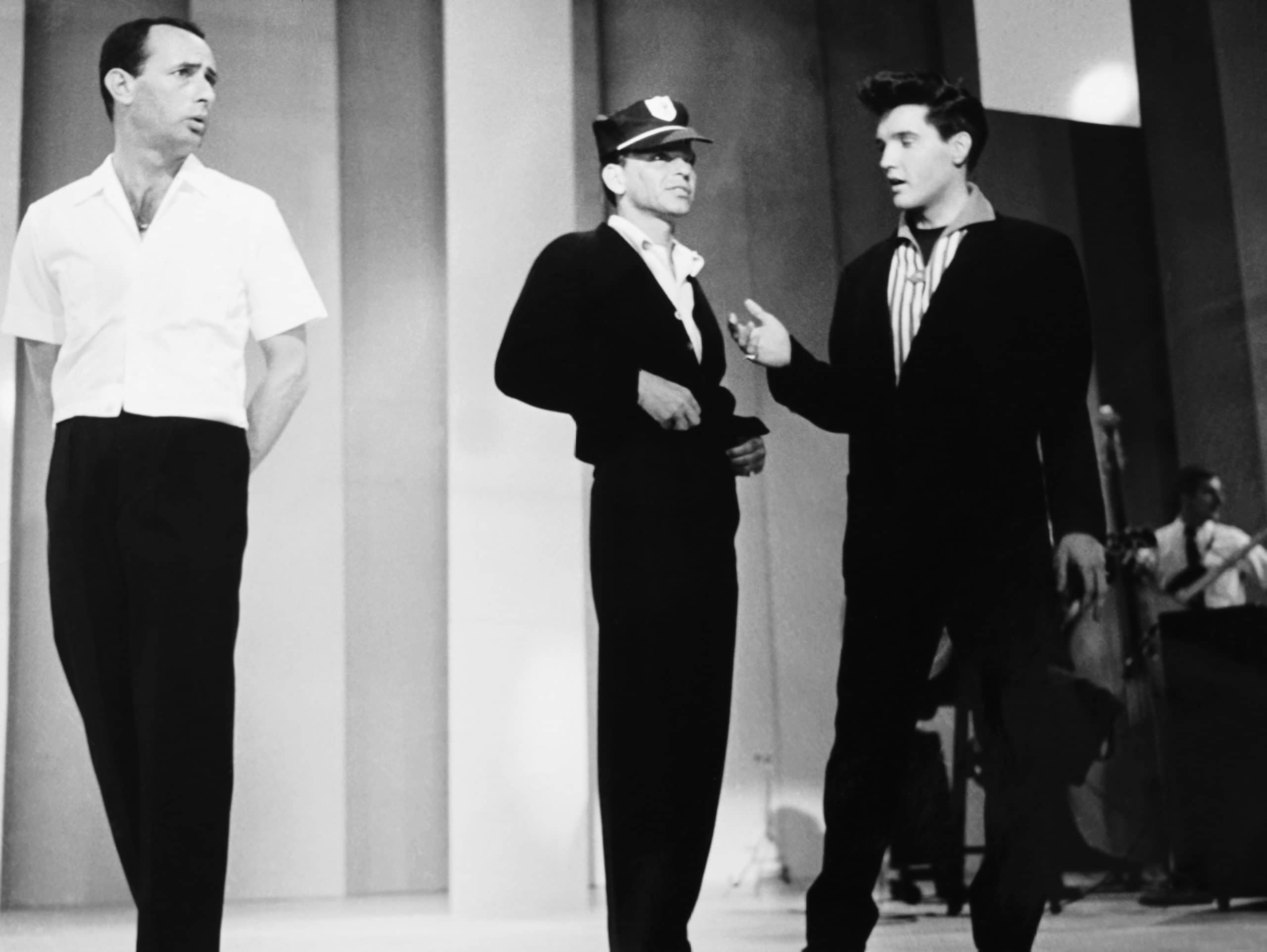 THE FRANK SINATRA TIMEX SHOW, from left: Joey Bishop, Frank Sinatra, Elvis Presley in rehearsal,