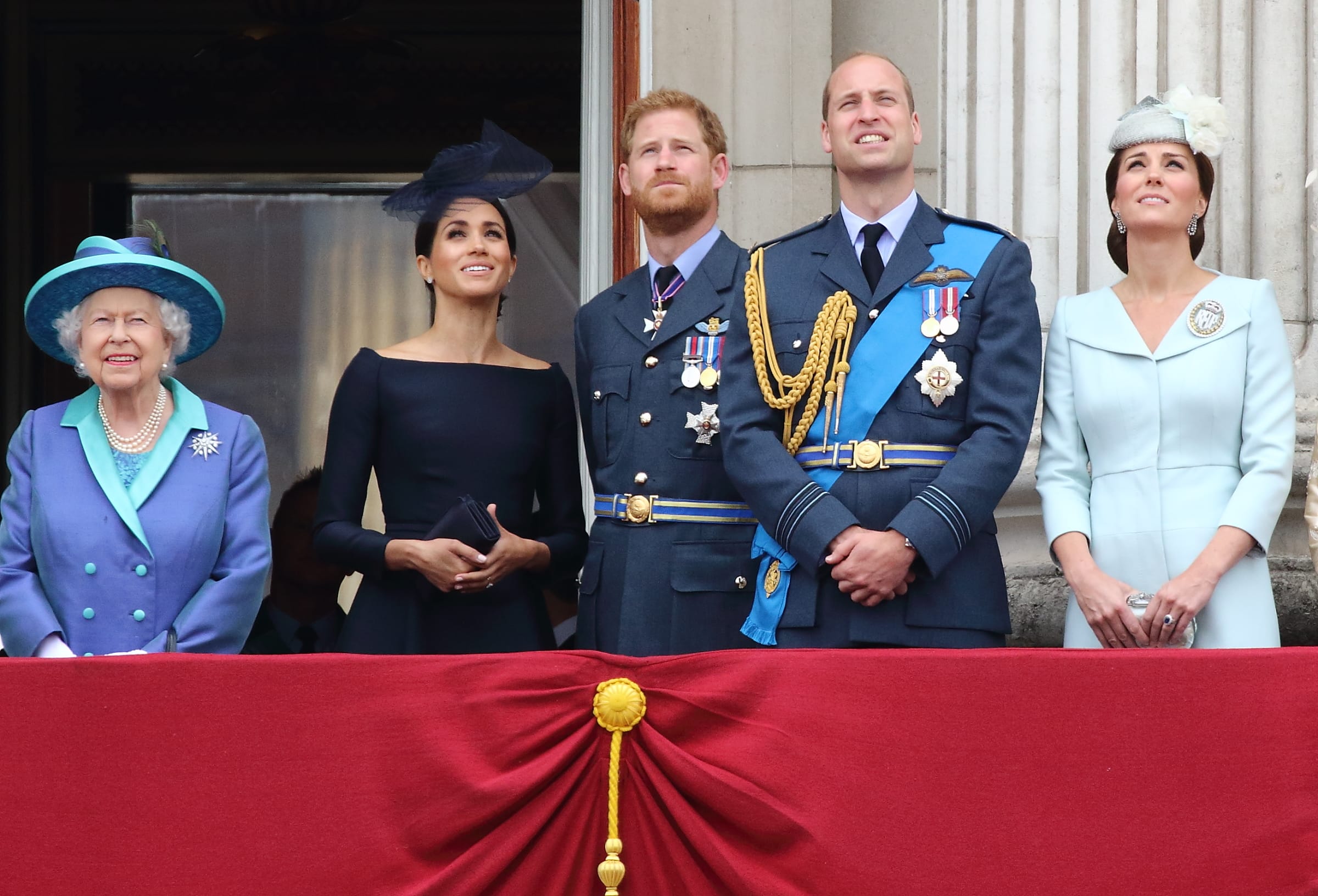 Queen Elizabeth II, Prince Harry and Meghan Markle (The Duke and Duchess of Sussex) with Prince William and Kate Middleton