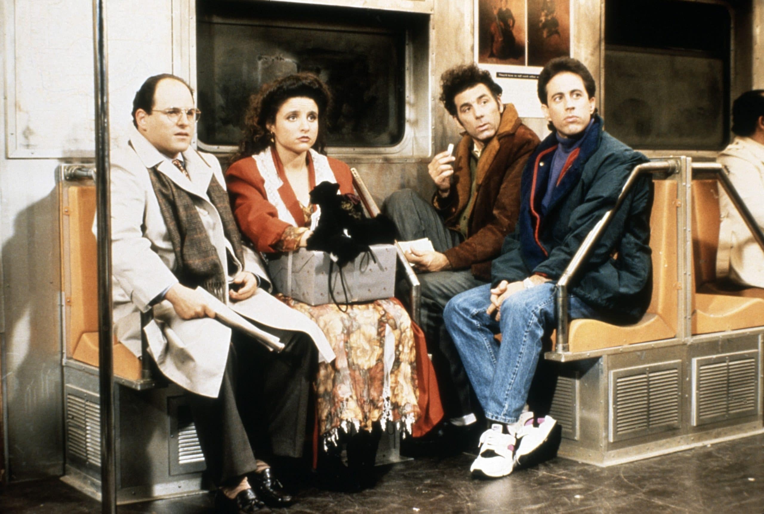 SEINFELD, from left: Jason Alexander, Julia Louis-Dreyfus, Michael Richards, Jerry Seinfeld