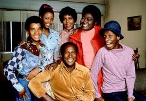 Ralph Carter, BernNadette Stanis, Ja'net DuBois, John Amos, Esther Rolle, and Jimmie Walker in Good Times