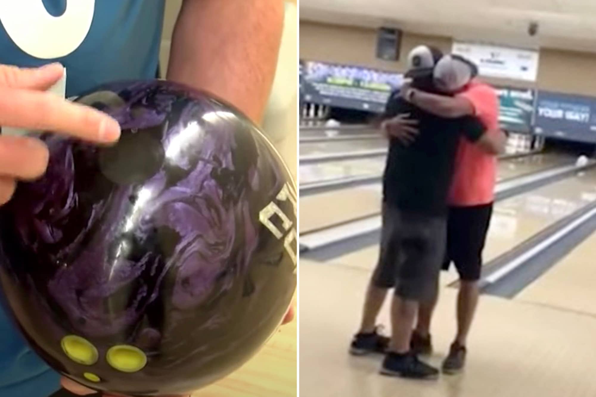 bowling ball with father's ashes, john jr hugging his brother