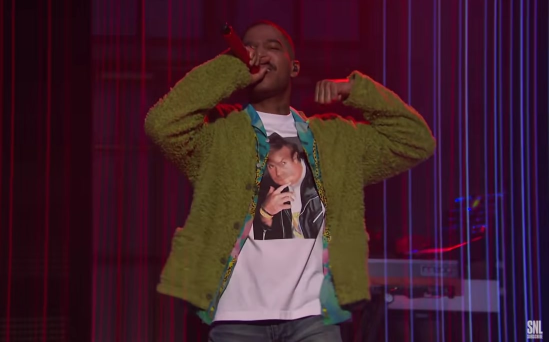 Kid Cudi wearing Chris Farley shirt SNL