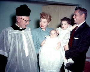 Lucille Ball, Desi Arnaz with newborn, Desi Arnaz, Jr. and daughter Lucie