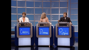Regis Philbin, far right, cracked jokes with host Alex Trebek on Celebrity Jeopardy!