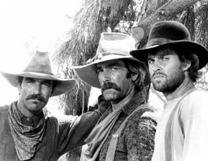 Tom Selleck, Sam Elliott, and Jeff Osterhage together in The Shadow Riders