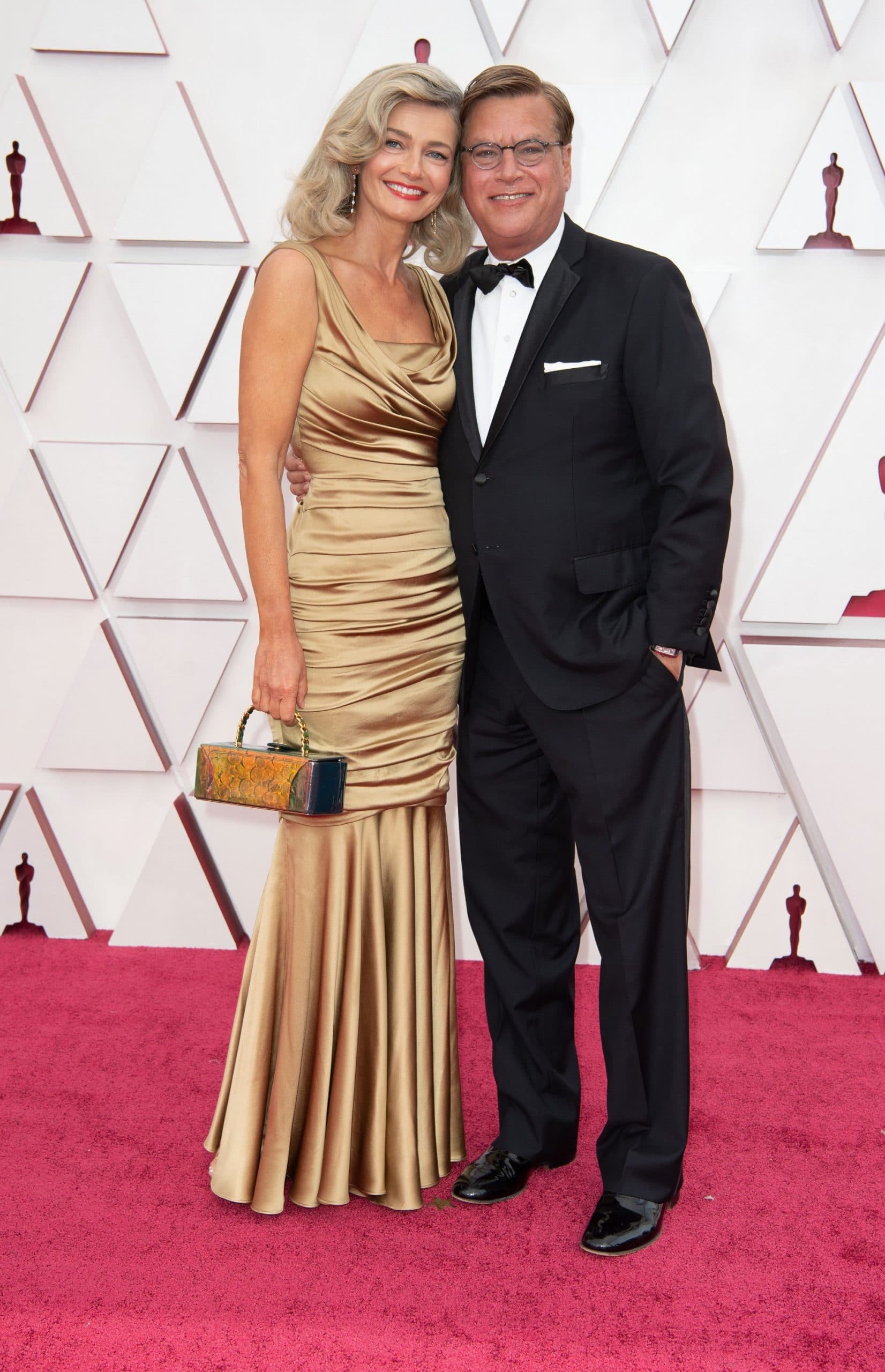 Oscar® nominee Aaron Sorkin (L) and Paulina Porizkova arrive on the red carpet of The 93rd Oscars® at Union Station in Los Angeles, CA on Sunday, April 25, 2021