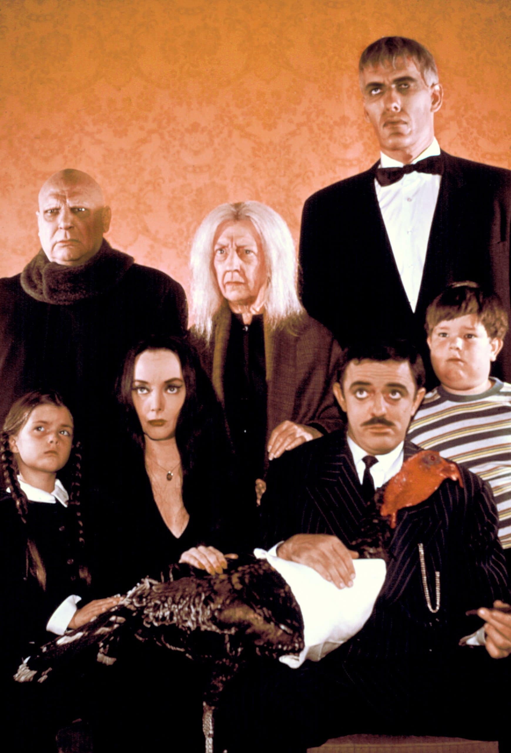 THE ADDAMS FAMILY, (front row) Lisa Loring, Carolyn Jones, John Astin, Ken Weatherwax, (back row) Jackie Coogan, Blossom Rock, Ted Cassidy, 1964-66