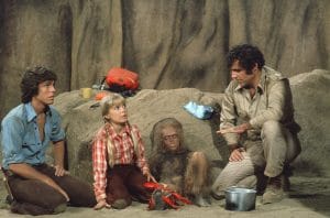 LAND OF THE LOST, (from left): Wesley Eure, Kathy Coleman, Philip Paley (as Cha-Ka), 