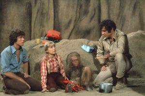 LAND OF THE LOST, (from left): Wesley Eure, Kathy Coleman, Philip Paley (as Cha-Ka),