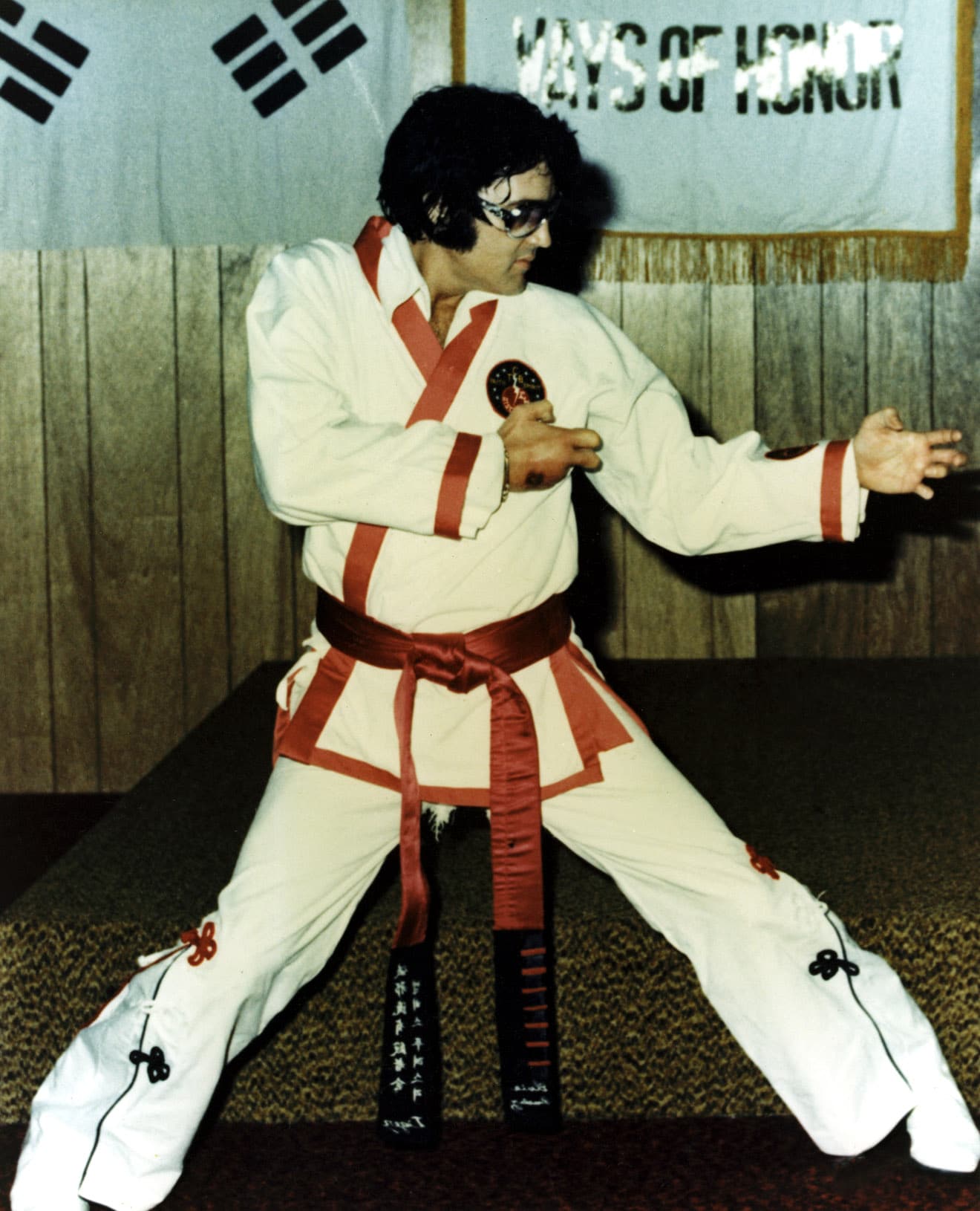 ELVIS PRESLEY practices his karate, c. early 1970s